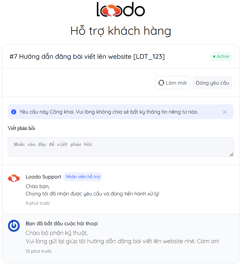 Màn hình link theo dõi yêu cầu của khách hàng
